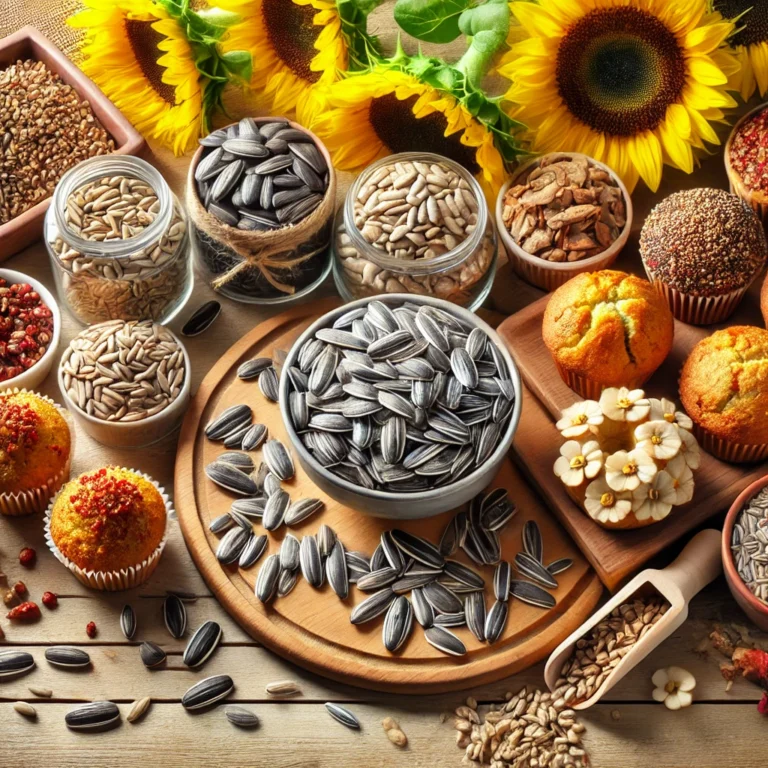 A variety of sunflower seeds presented in different ways_ some seeds in their shells, others shelled and scattered on a wooden surface. There are bowl in a webp image