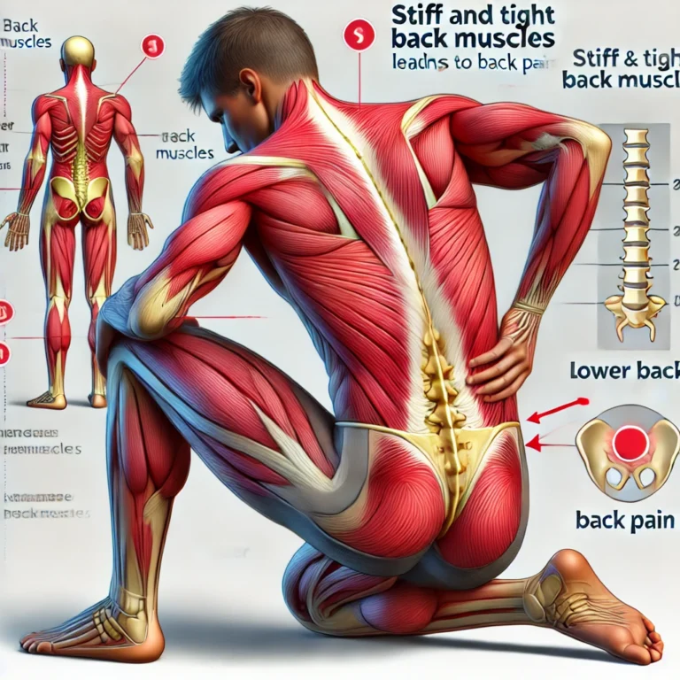 A graphical illustration showing a person with stiff and tight back muscles leading to back pain. The back muscles are highlighted in red to indicate in webp image