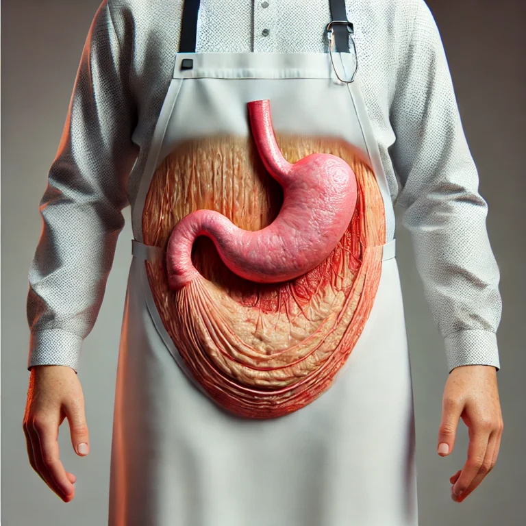 A realistic image of a person with an apron belly, also known as abdominal panniculus, showing the excess skin and tissue hanging down from the lower in a webp image